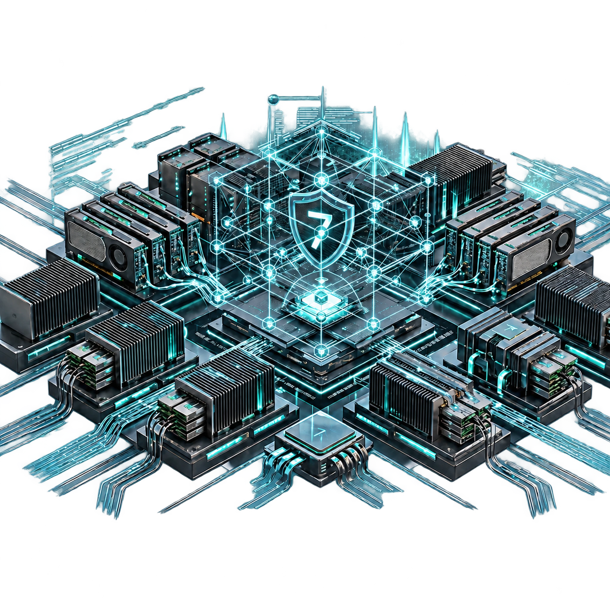 Concept render: GPU cards, server modules and heatsinks arranged around a central board and cabled into it, beneath a translucent cube enclosing a shield marked with the numeral seven.